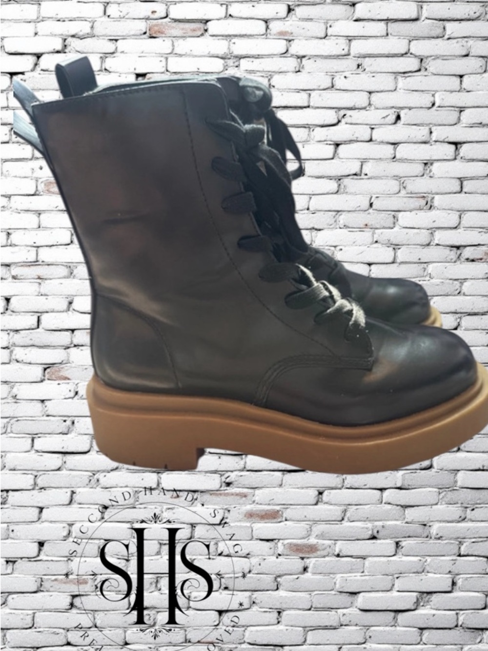 H&M Black Leather Lace-Up Platform Combat Boots with Brown Sole